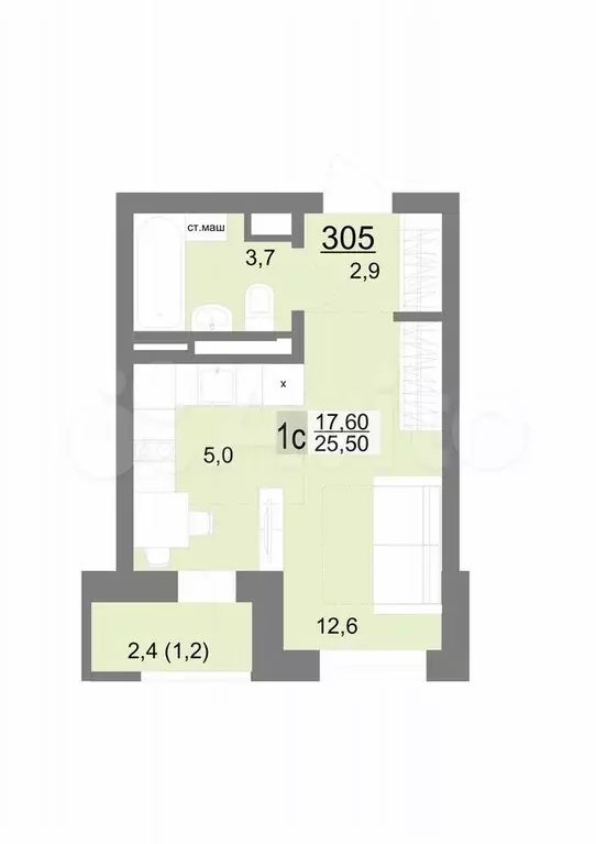 Квартира-студия, 25,4 м, 12/26 эт. - Фото 0