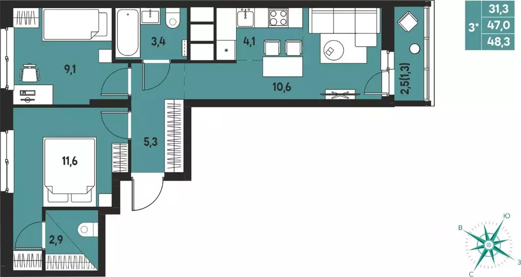 Студия Пермский край, д. Кондратово Мы жилой комплекс (48.3 м) - Фото 1