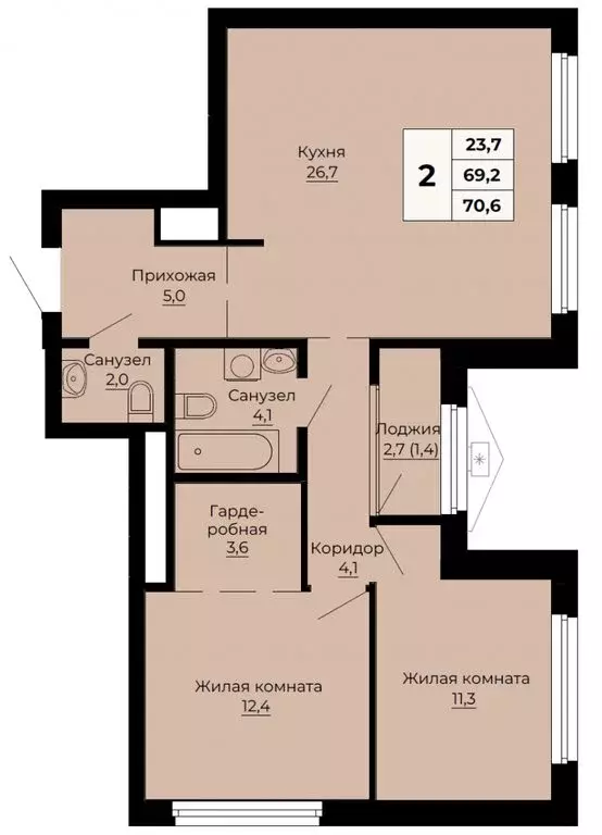 2-комнатная квартира: Екатеринбург, улица Одинарка, 6 (70.6 м) - Фото 1