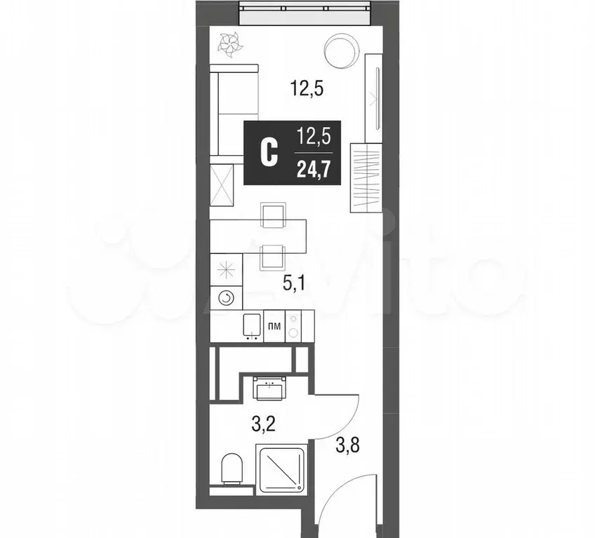 Квартира-студия, 24,5 м, 52/53 эт. - Фото 1