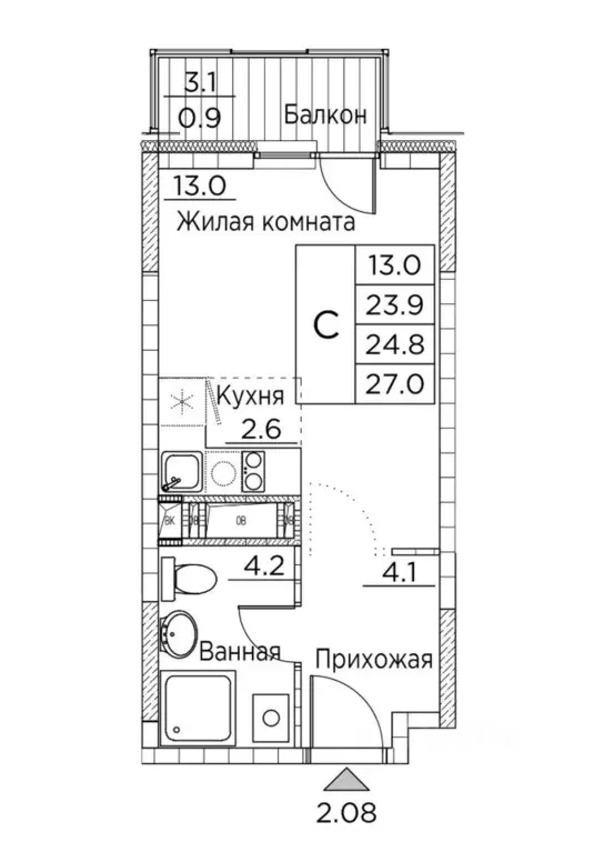 Студия Приморский край, Владивосток ул. Расула Гамзатова, 7к2 (27.0 м) - Фото 0