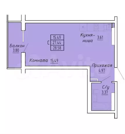 Апартаменты-студия, 28,6 м, 5/9 эт. - Фото 1