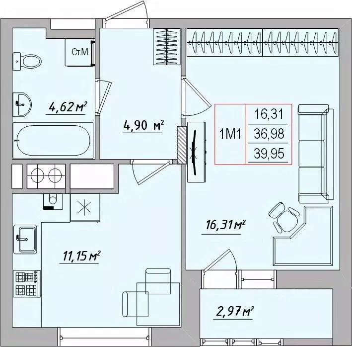 1-к кв. Белгородская область, Белгород ул. Игоря Чернухина (39.95 м) - Фото 1