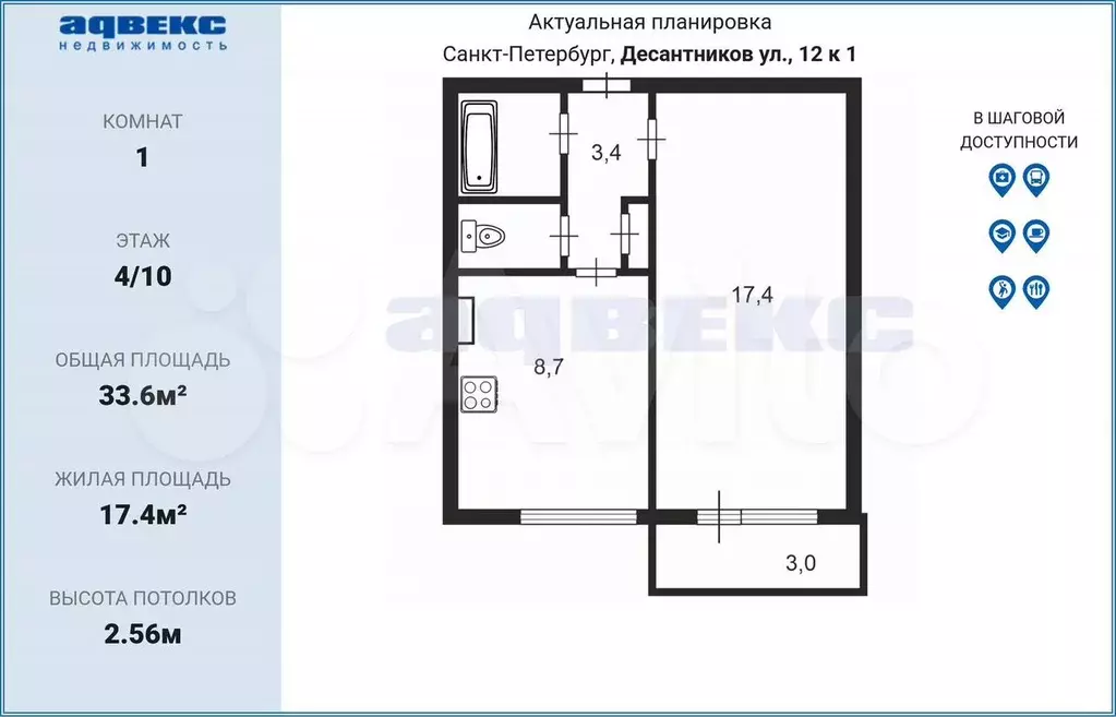 1-к. квартира, 33,6 м, 4/10 эт. - Фото 0