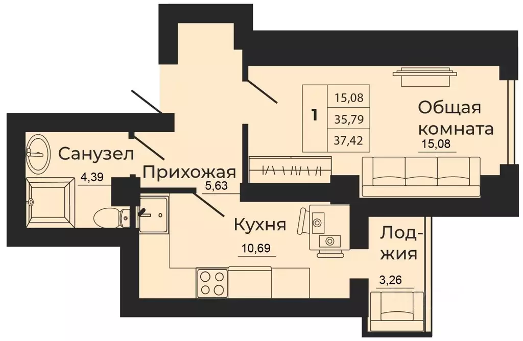 1-к кв. Ростовская область, Батайск  (37.42 м) - Фото 0