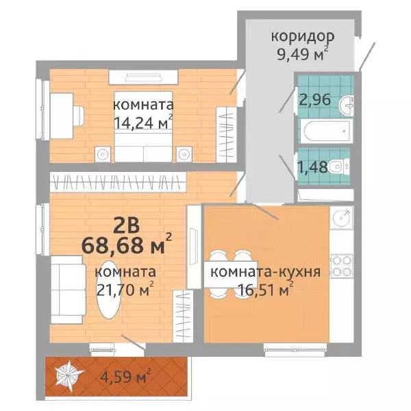 2-комнатная квартира: Екатеринбург, улица Краснолесья, 108/1 (68.11 м) - Фото 0