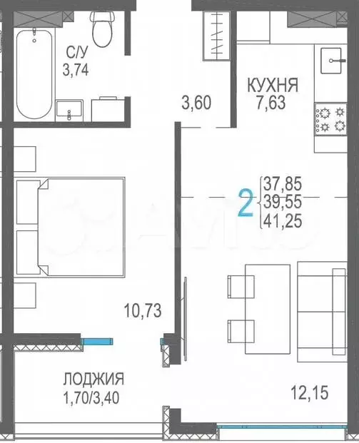 2-к. квартира, 39,6м, 6/8эт. - Фото 0