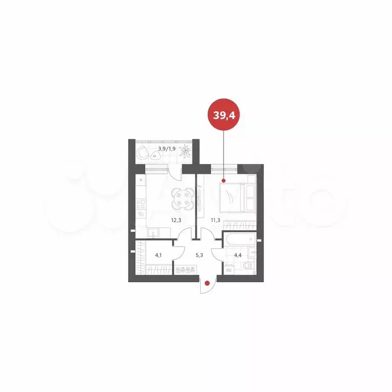 1-к. квартира, 39,4 м, 3/4 эт. - Фото 0
