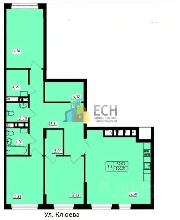 3-к кв. Тульская область, Тула пер. Шевченко, 3 (106.31 м) - Фото 2