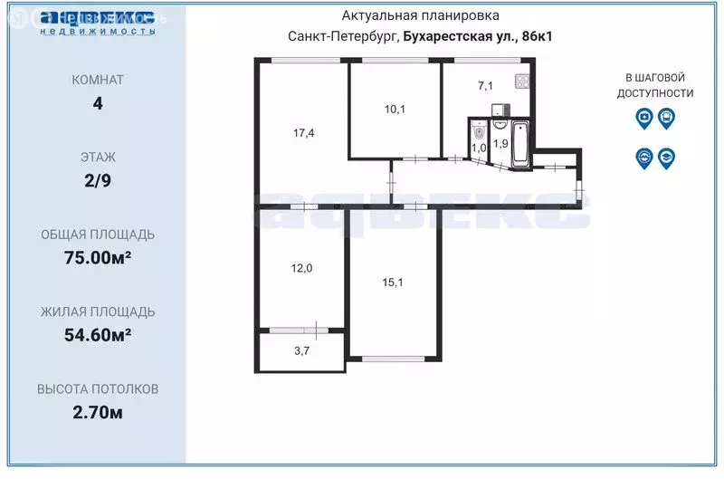 4-комнатная квартира: Санкт-Петербург, Бухарестская улица, 86к1 (75 м) - Фото 1
