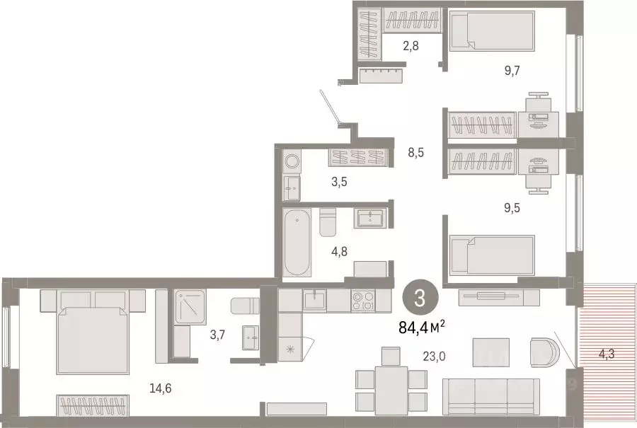 3-к кв. Омская область, Омск ул. Б.Г. Шаронова, 9 (84.38 м) - Фото 0