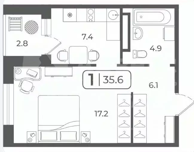 1-к кв. Тюменская область, Тюмень Дамбовская ул., 25к1 (35.0 м) - Фото 2