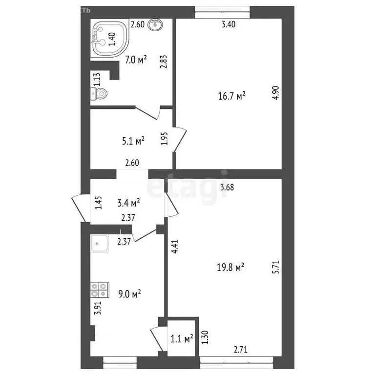 2-комнатная квартира: Севастополь, улица Косарева, 27 (62.8 м) - Фото 0