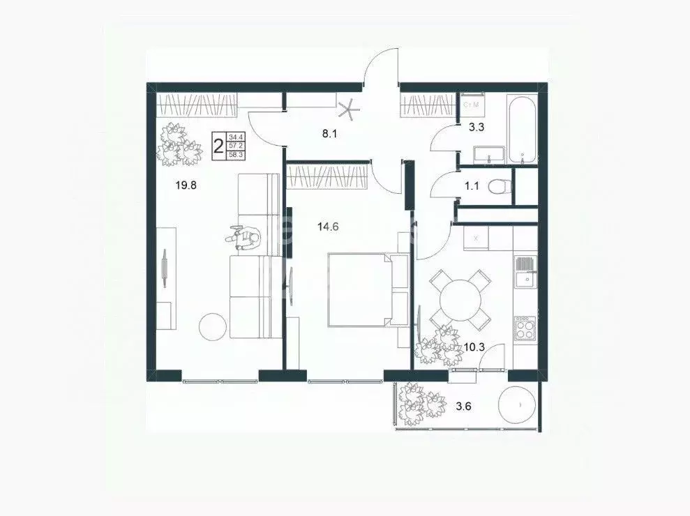 2-к кв. Липецкая область, Липецк Минская ул., 6Б (58.3 м) - Фото 2