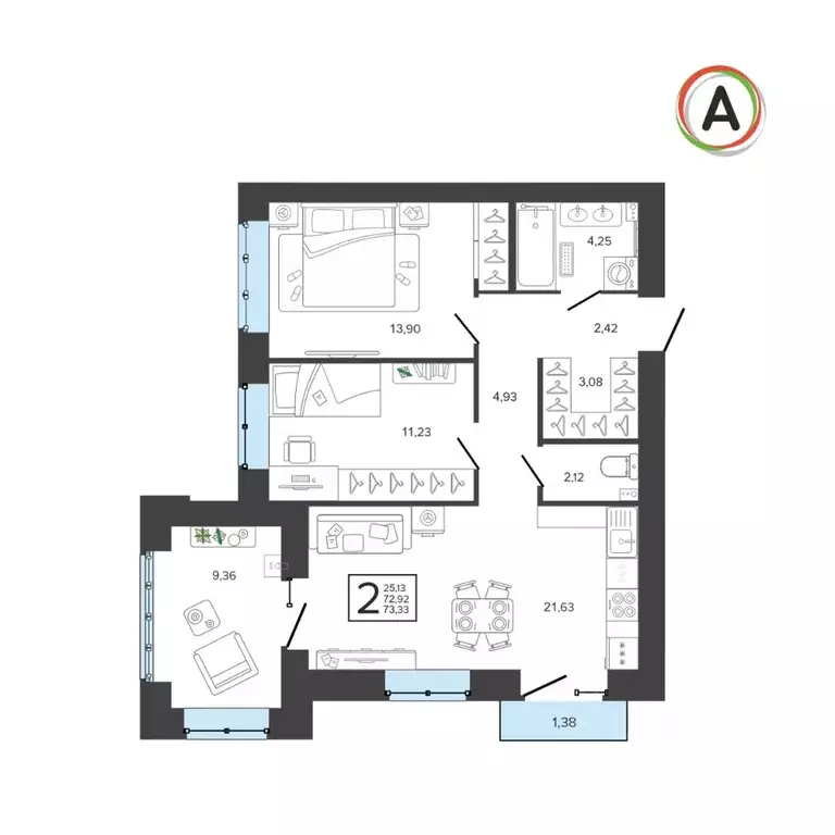2-к кв. Брянская область, Брянск Архитектор жилой комплекс (73.33 м) - Фото 1