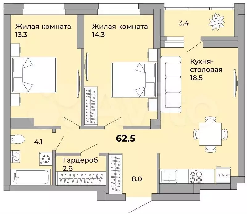 2-к. квартира, 62,2м, 21/21эт. - Фото 0