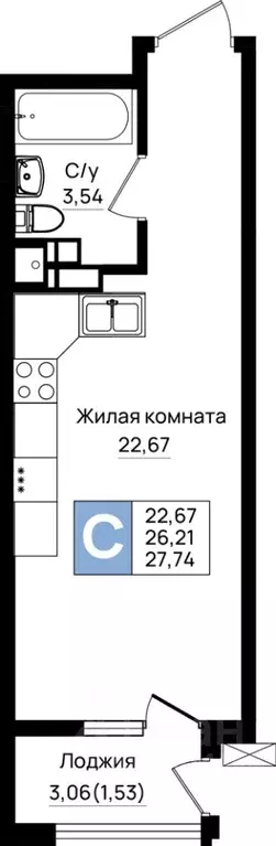 Студия Краснодарский край, Новороссийск 5-я Бригада мкр,  (27.74 м) - Фото 1