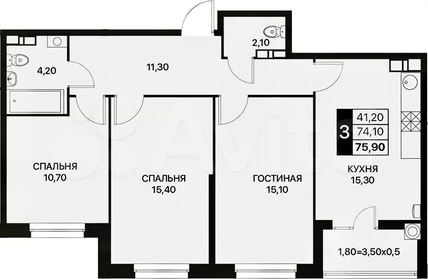 3-к. квартира, 76 м, 5/18 эт. - Фото 0