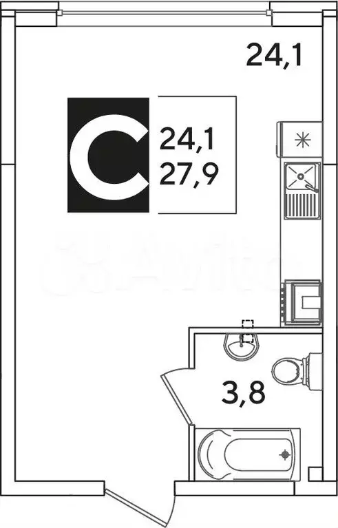 Квартира-студия, 27,9 м, 1/16 эт. - Фото 1