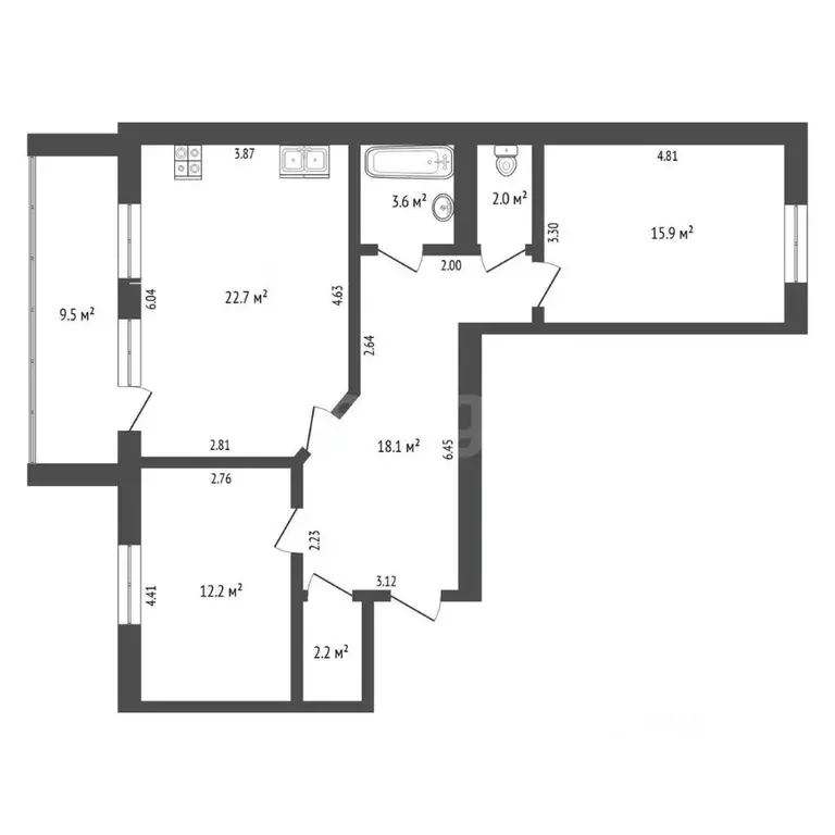 2-к кв. Тюменская область, Тюмень ул. Евгения Богдановича, 10 (76.9 м) - Фото 2