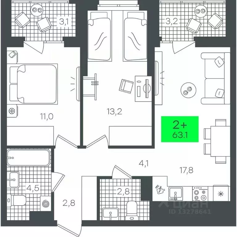 2-к кв. Тюменская область, Тюмень ул. Василия Малкова, 19 (63.11 м) - Фото 0