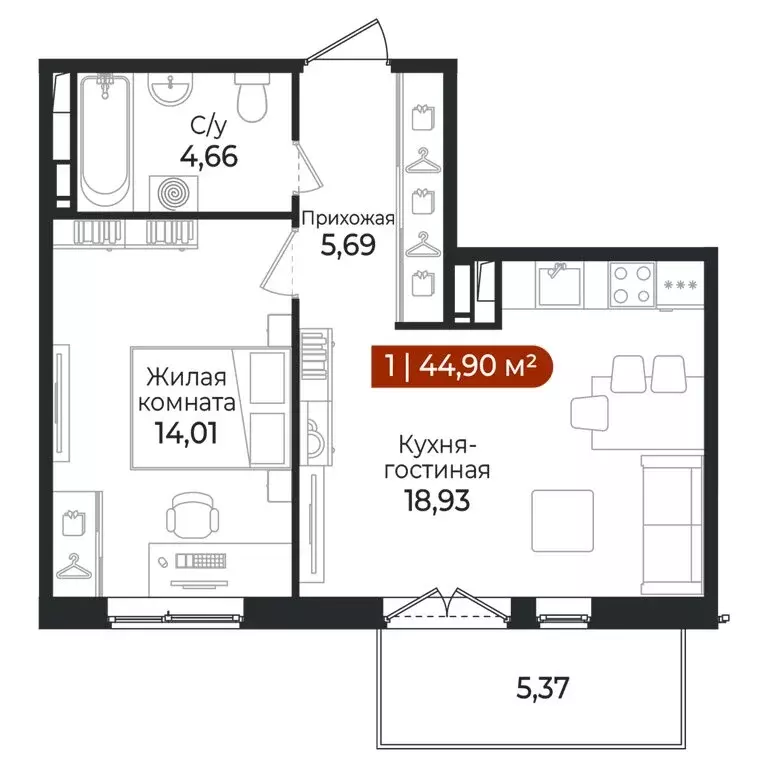 1-комнатная квартира: Всеволожский район, посёлок Щеглово (44.9 м) - Фото 1