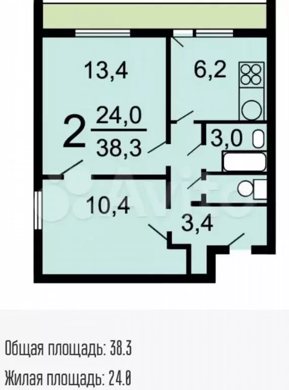 2-к. квартира, 38,3 м, 4/14 эт. - Фото 0
