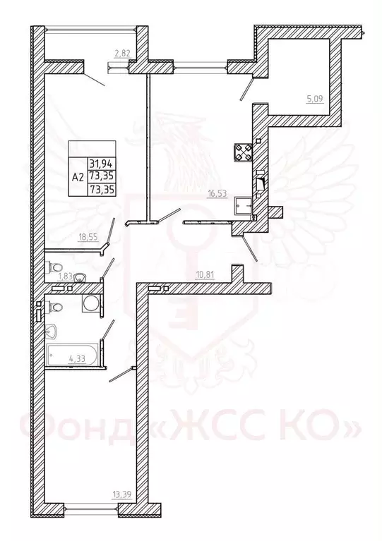 2-к. квартира, 72,8м, 7/9эт. - Фото 0