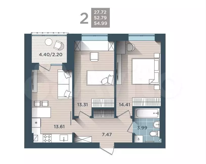 2-к. квартира, 55 м, 2/4 эт. - Фото 1