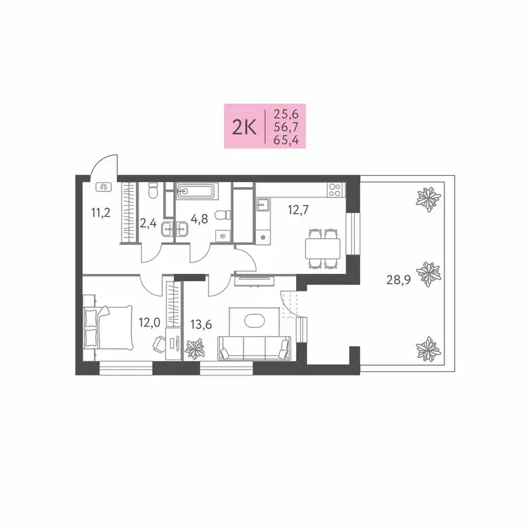 2-к квартира, 65.4 м - Фото 0
