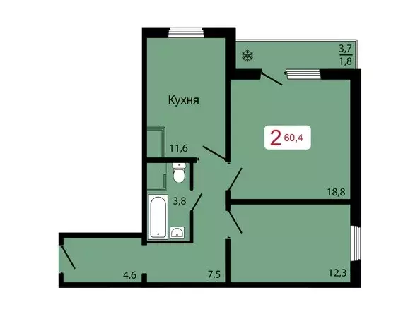 Продаётся 2-к квартира, 60.4 м - Фото 1