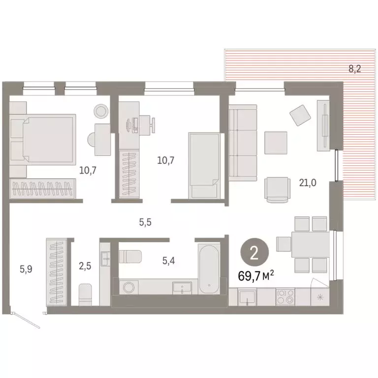 2-комнатная квартира: Тюмень, улица Республики, 205к1 (69.69 м) - Фото 2