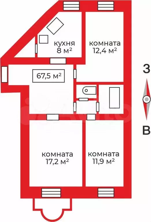 3-к. квартира, 67,5 м, 3/3 эт. - Фото 0