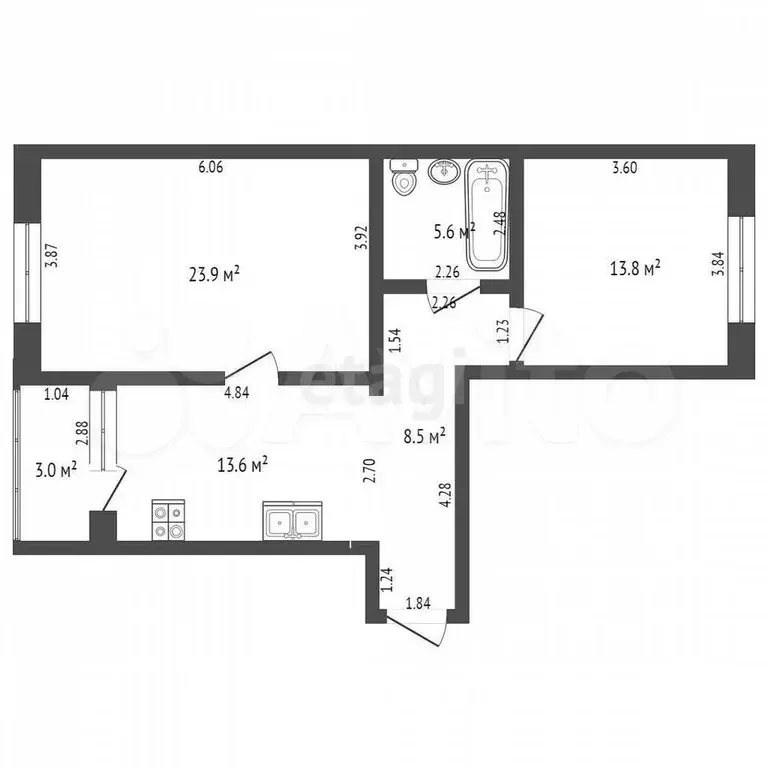 2-к. квартира, 68,4 м, 3/5 эт. - Фото 0