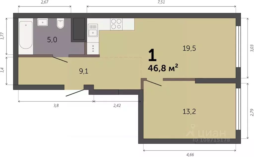 1-к кв. Свердловская область, Екатеринбург Южный жилрайон,  (46.8 м) - Фото 1