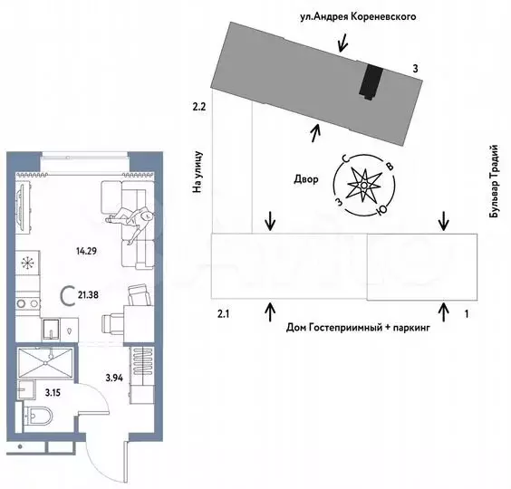 Квартира-студия, 21,4 м, 9/13 эт. - Фото 0