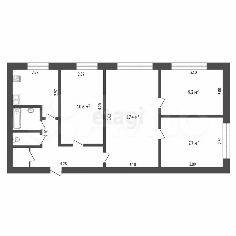 4-к. квартира, 60,9 м, 1/5 эт. - Фото 1