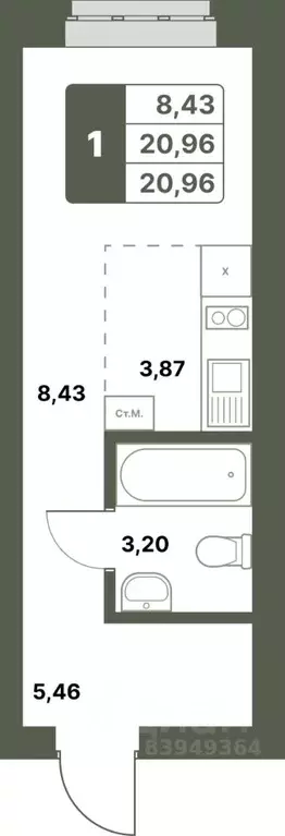 1-к кв. Башкортостан, Уфимский район, с. Миловка  (20.96 м) - Фото 0