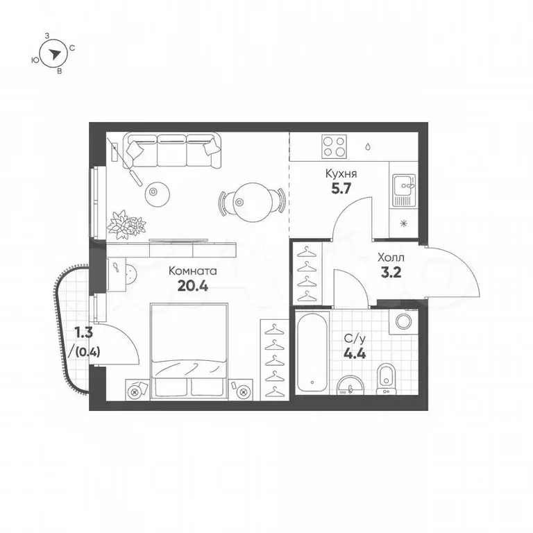 Квартира-студия, 34,1 м, 5/16 эт. - Фото 0