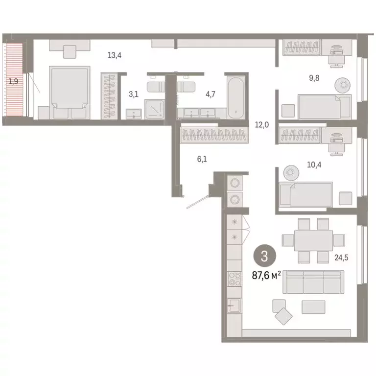 3-комнатная квартира: Тюмень, микрорайон ДОК, ЖК Октябрьский на Туре ... - Фото 2