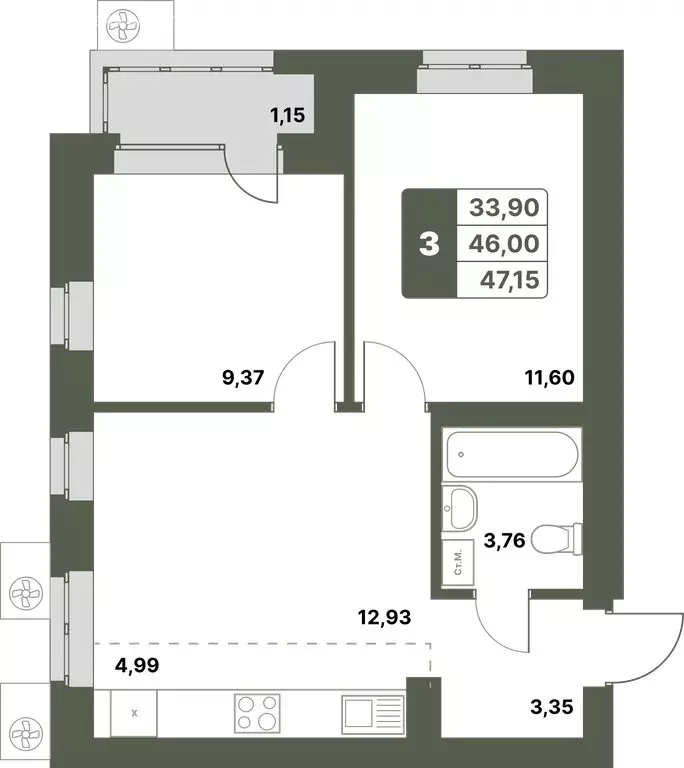 3-комнатная квартира: Уфимский район, село Миловка (47.15 м) - Фото 0