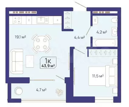 1-к. квартира, 44 м, 4/9 эт. - Фото 1