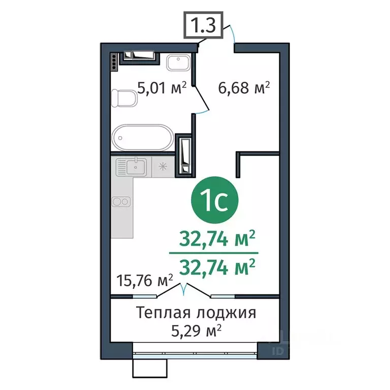 Студия Тюменская область, Тюмень ул. Краснооктябрьская, 12 (32.74 м) - Фото 0