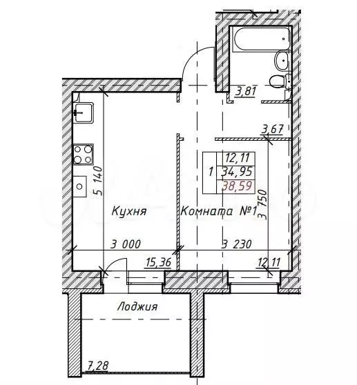 1-к. квартира, 38,6 м, 4/8 эт. - Фото 0