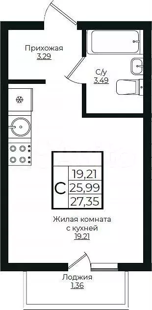 Квартира-студия, 27,4 м, 2/10 эт. - Фото 1