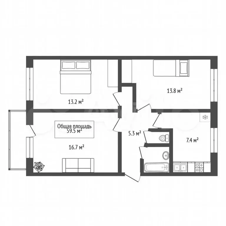 3-к. квартира, 59,5 м, 2/5 эт. - Фото 1