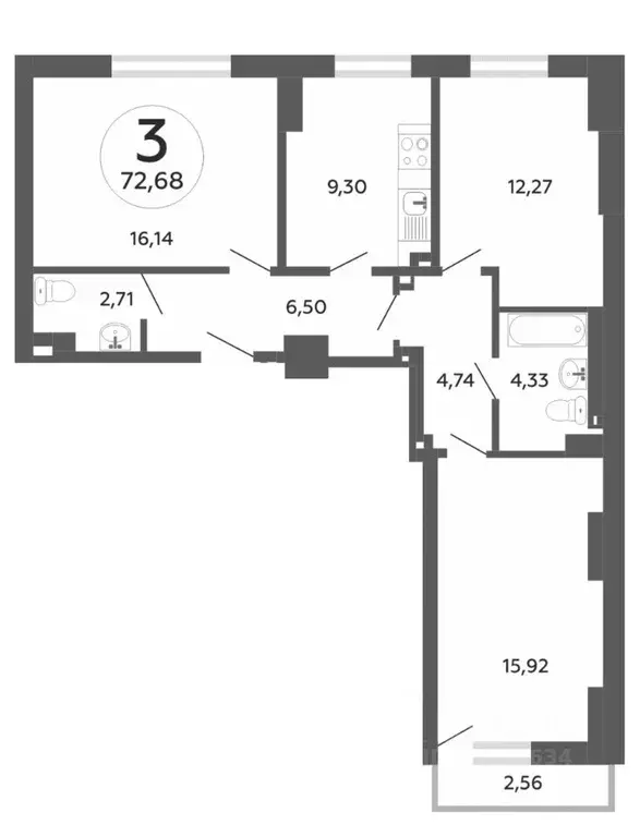 3-к кв. Ростовская область, Ростов-на-Дону Стабильная ул., 3с2 (73.0 ... - Фото 1