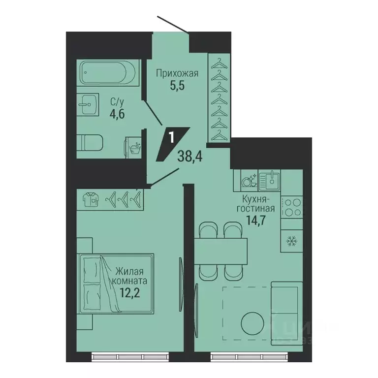 1-к кв. Свердловская область, Екатеринбург Вторчермет жилрайон,  (38.4 ... - Фото 1
