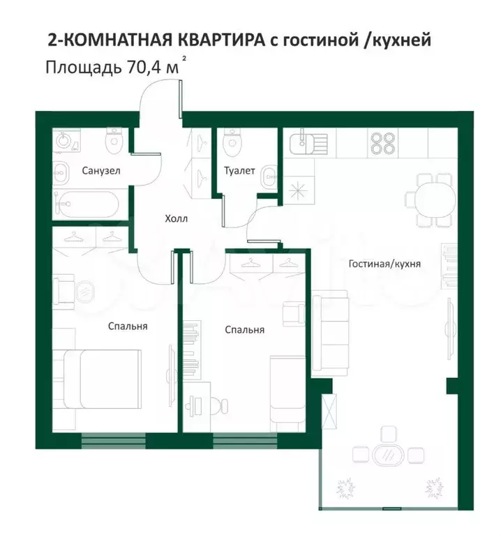 2-к. квартира, 70,4 м, 4/4 эт. - Фото 0