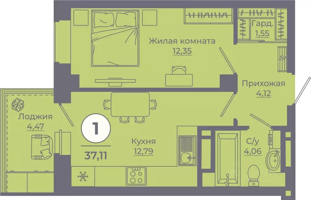 1-к кв. Ростовская область, Ростов-на-Дону ул. Еременко, 113 (36.85 м) - Фото 0